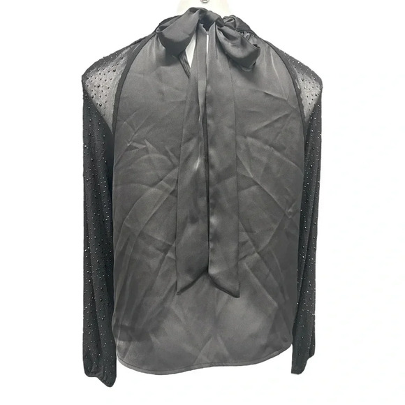 Strut & Bolt Mock Neck Satin Sheer Sleeve with Rhinestones Back Tie Detail Top - Picture 9 of 14